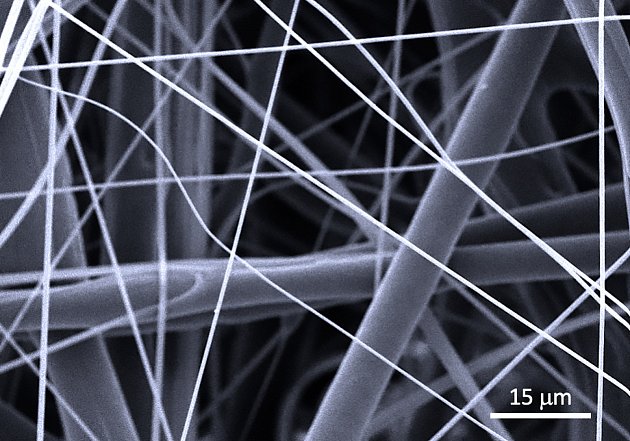 Microscopic picture of the structure of the new nanofibrous srobents.  A mixture of microfibers and nanofibers is clearly visible on it.