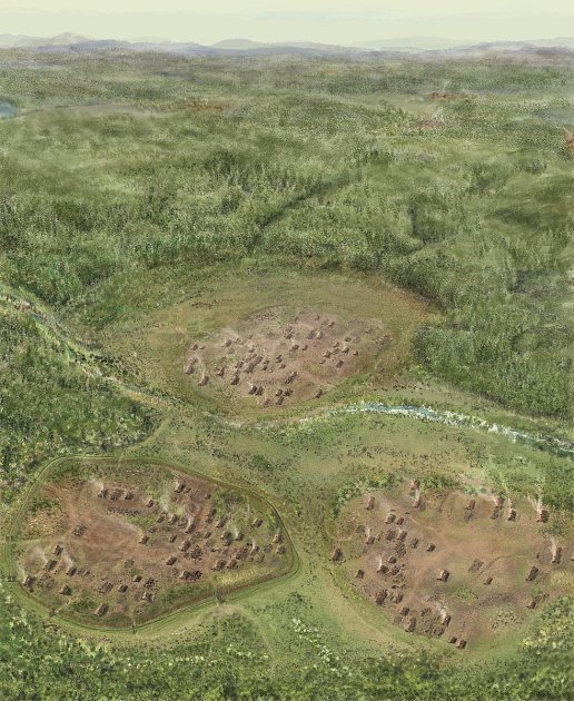 Illustration of the appearance of the original settlement near the Slovak town of Vráble from the Stone Age.  In the southwest of the area, archaeologists have now found a mass grave in which the skeletons were missing skulls.