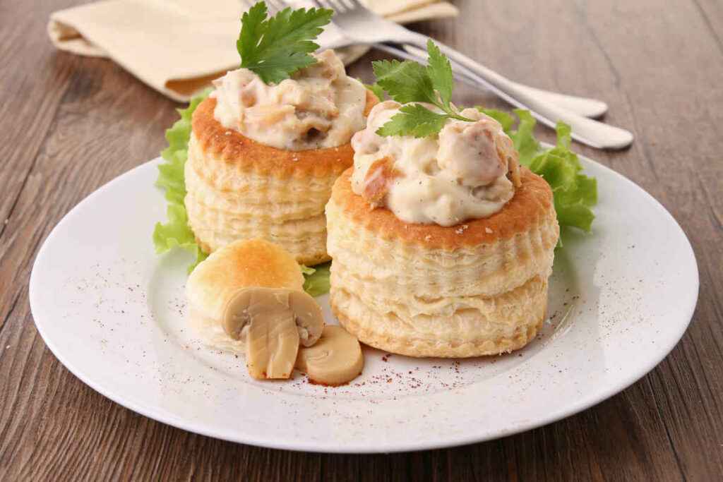 dish with vol au vent mushrooms and truffles with chicken