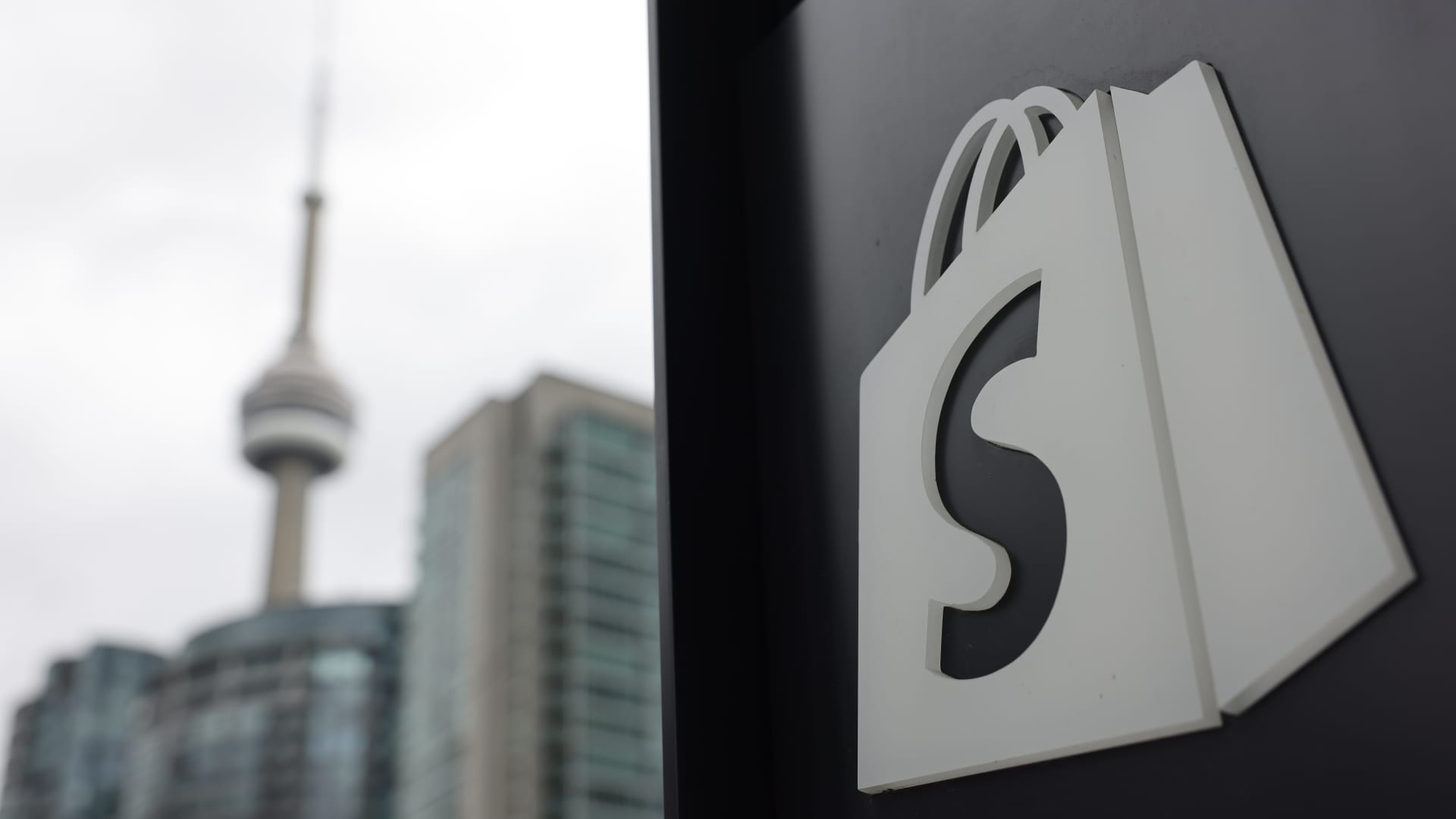 The Shopify logo is pictured outside the The Well building on Spadina Ave. in Toronto.